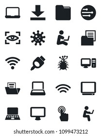 Set of vector isolated black icon - notebook pc vector, virus, folder document, tv, touch screen, monitor, hdmi, network, download, wireless, eye scan, man with