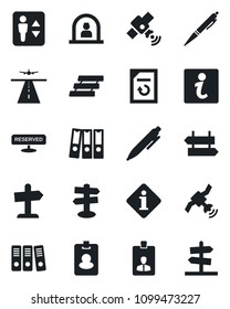 Set of vector isolated black icon - runway vector, elevator, signpost, reception, identity card, pen, document reload, satellite, paper binder, tray, reserved, information, pass, guidepost