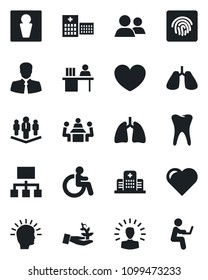 Set of vector isolated black icon - male vector, disabled, heart, lungs, tooth, hospital, client, group, fingerprint id, manager desk, meeting, company, palm sproute, shining head, hierarchy