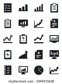 Set of vector isolated black icon - growth statistic vector, monitor, diagnosis, pulse clipboard, statistics, bar graph, pie, checklist, point
