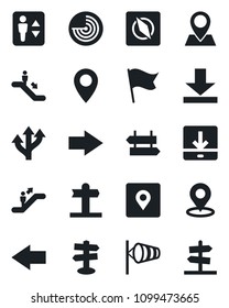 Set of vector isolated black icon - elevator vector, escalator, signpost, right arrow, left, wind, radar, route, pin, download, place tag, compass, flag, guidepost