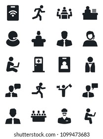 Set of vector isolated black icon - dispatcher vector, reception, medical room, speaking man, run, doctor, support, client, speaker, identity card, manager desk, meeting, estate agent, waiter, pass