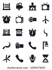 Set of vector isolated black icon - alarm clock vector, tv, abacus, well, sickle, video camera, microphone, call, fireplace, outdoor lamp, windmill, sand