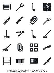 Set of vector isolated black icon - safe vector, farm fork, rake, pruner, hoe, garden knife, cargo container, rack, application, paper clip, ladle