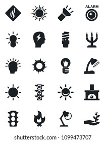 Set of vector isolated black icon - sun vector, brainstorm, bulb, fire, traffic light, torch, desk lamp, fireplace, candle, smoke detector, energy saving, alarm led, shining head, palm sproute