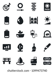 Set of vector isolated black icon - ticket office vector, passport, luggage storage, statistic monitor, water drop, bench, dropper, traffic light, low battery, themes, brightness, music, copier