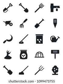 Set of vector isolated black icon - job vector, garden fork, shovel, farm, watering can, wheelbarrow, sproute, hoe, sickle, plant label, greenhouse, seeds, fertilizer, drip irrigation, fruit tree