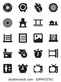 Set of vector isolated black icon - elevator vector, alarm clock, tv, abacus, stamp, fireplace, film frame, vinyl, flame disk, gallery, house with tree