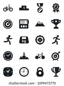 Set of vector isolated black icon - medal vector, bike, run, heavy, clock, stopwatch, target, mountains, pedestal, award cup