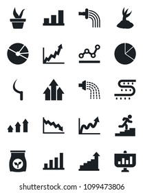 Set of vector isolated black icon - growth statistic vector, seedling, watering, sproute, sickle, fertilizer, drip irrigation, bar graph, pie, point, career ladder, arrow up, crisis, presentation