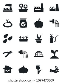 Set of vector isolated black icon - factory vector, seedling, watering, sproute, pruner, pumpkin, greenhouse, seeds, pond, garden sprayer, fertilizer, tulip, flower in pot, eco house, palm