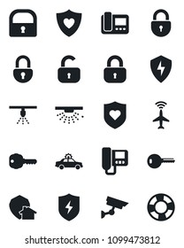 Set of vector isolated black icon - plane radar vector, alarm car, lock, heart shield, protect, key, intercome, home, surveillance, sprinkler, crisis management