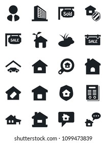 Set of vector isolated black icon - office building vector, house, pond, contract, with garage, sale, sold signboard, estate search, agent, smart home, insurance, eco, message