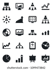 Set of vector isolated black icon - growth statistic vector, hierarchy, presentation board, circle chart, monitor pulse, clipboard, statistics, pie graph, point, arrow up