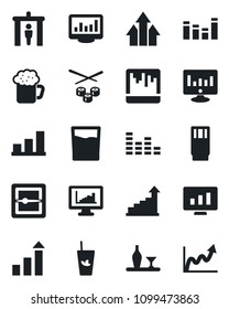 Set of vector isolated black icon - security gate vector, growth statistic, monitor, equalizer, scanner, statistics, bar graph, alcohol, drink, phyto, beer, sushi, arrow up
