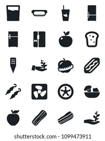 Set of vector isolated black icon - plant label vector, diet, fridge, drink, phyto bar, salad, bacon, bread, kebab, hot dog, apple fruit, fan, palm sproute