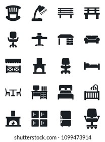 Set of vector isolated black icon - cafe vector, bed, checkroom, office chair, desk, bench, fireplace, lamp, bedroom, children room, cushioned furniture, restaurant table, alcove, fridge
