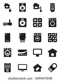 Set of vector isolated black icon - washer vector, calculator, monitor, speaker, phone back, smart home, credit card, control, chip, remote, router, usb flash