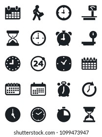 Set of vector isolated black icon - 24 around vector, alarm clock, calendar, heavy scales, stopwatch, manager, sand