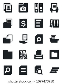 Set of vector isolated black icon - office binder vector, document search, receipt, folder, photo gallery, paper, tray