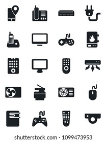 Set of vector isolated black icon - mouse vector, mobile tracking, gamepad, remote control, monitor, radio phone, copier, air conditioner, power plug, water heater, web camera