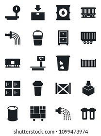 Set of vector isolated black icon - trash bin vector, checkroom, bucket, watering, railroad, truck trailer, cargo container, consolidated, package, oil barrel, heavy scales, archive box