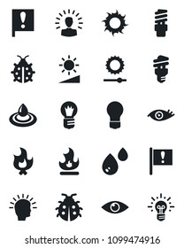 Set of vector isolated black icon - bulb vector, lady bug, fire, sun, eye, important flag, brightness, water, energy saving, shining head, idea