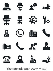 Set of vector isolated black icon - office chair vector, phone, 24 hours, support, speaker, radio, call, root setup, palm sproute