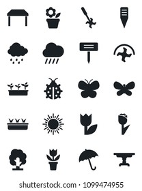 Set of vector isolated black icon - umbrella vector, sun, flower in pot, ripper, tree, butterfly, lady bug, seedling, rain, plant label, tulip, table