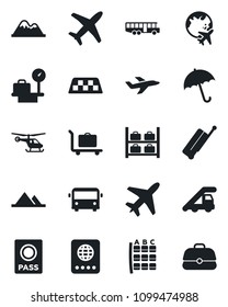 Set of vector isolated black icon - plane vector, taxi, suitcase, baggage trolley, airport bus, umbrella, passport, ladder car, helicopter, seat map, luggage storage, scales, globe, mountains, case