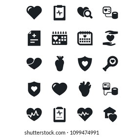 Set of vector isolated black icon - heart vector, pulse, diagnosis, blood pressure, diagnostic, shield, hand, real, medical calendar, clipboard, sweet home