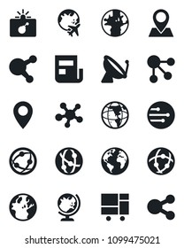 Set of vector isolated black icon - satellite antenna vector, bomb in case, globe, plane, earth, pin, consolidated cargo, network, share, news, social media
