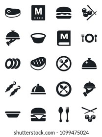 Set of vector isolated black icon - spoon and fork vector, dish, cafe, menu, plates, waiter, steak, kebab, hamburger, bowl, sushi