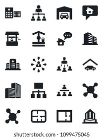 Set of vector isolated black icon - hierarchy vector, well, molecule, hospital, office building, garage, plan, home message