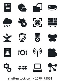 Set of vector isolated black icon - antenna vector, globe, baggage larry, butterfly, rain, consolidated cargo, folder document, flame disk, video camera, remote control, identity card, notebook pc