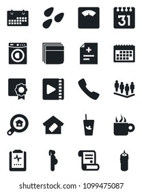 Set of vector isolated black icon - team vector, contract, seeds, diagnosis, scales, pulse clipboard, pregnancy, call, calendar, video, sertificate, blank box, estate search, washer, smart home