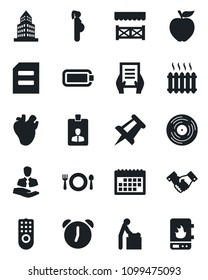 Set of vector isolated black icon - baby room vector, handshake, identity card, document, drawing pin, real heart, pregnancy, client, vinyl, alarm, battery, calendar, office building, heater, cafe