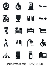 Set of vector isolated black icon - airport bus vector, shower, plane, medical room, office binder, desk, blood test vial, ampoule, disabled, phone, fragile, cargo, no hook, rack, hierarchy, fridge