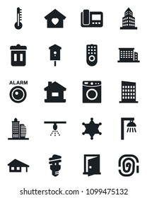 Set of vector isolated black icon - bird house vector, office building, with garage, sweet home, city, remote control, intercome, washer, thermometer, energy saving bulb, outdoor lamp, police, door