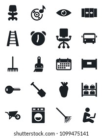 Set of vector isolated black icon - fence vector, airport bus, automatic door, luggage storage, office chair, job, rake, ladder, wheelbarrow, real heart, eye, term, themes, alarm, music, key, washer