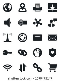 Set of vector isolated black icon - speaking man vector, mail, heart shield, navigation, earth, antenna, video camera, network, share, chain, data exchange, download, printer, key, wireless, sound