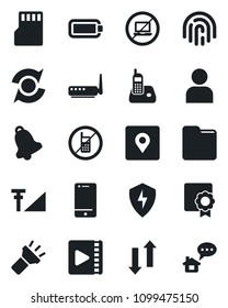 Set of vector isolated black icon - no mobile vector, laptop, cell phone, radio, protect, user, bell, sd, folder, data exchange, torch, place tag, fingerprint id, video, cellular signal, battery