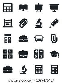 Set of vector isolated black icon - airport bus vector, checkroom, book, calculator, graduate, presentation board, microscope, case, paper clip, abacus, pencil