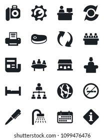 Set of vector isolated black icon - no smoking vector, reception, shower, hierarchy, pen, meeting, manager place, term, camera, network, update, root setup, news, printer, bedroom, cafe building