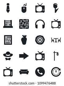 Set of vector isolated black icon - cafe vector, phone, tv, right arrow, abacus, mouse, tie, stamp, garden light, real heart, tulip, headphones, cushioned furniture, dress code, chip, clock
