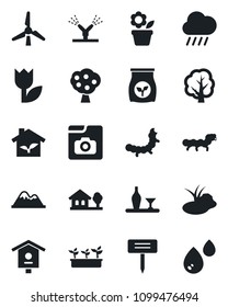 Set of vector isolated black icon - flower in pot vector, tree, seedling, rain, plant label, caterpillar, pond, bird house, fertilizer, tulip, photo gallery, with, windmill, fruit, mountains, eco