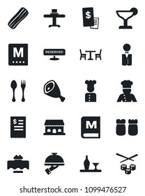 Set of vector isolated black icon - spoon and fork vector, cafe, waiter, cook, alcohol, restaurant table, menu, reserved, cocktail, bacon, salt pepper, building, receipt, ham, sushi