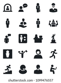 Set of vector isolated black icon - dispatcher vector, elevator, male, reception, manager, speaking man, pedestal, place, run, doctor, support, client, speaker, meeting, career ladder, with notebook