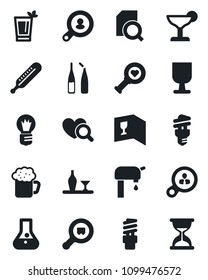 Set of vector isolated black icon - bulb vector, thermometer, heart diagnostic, ampoule, fragile, search cargo, document, water supply, client, alcohol, wine card, cocktail, phyto bar, beer, flask