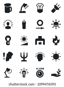 Set of vector isolated black icon - bulb vector, fire, sun, torch, brightness, desk lamp, fireplace, beer, candle, smoke detector, alarm led, shining head, idea, palm sproute